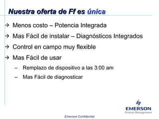 Nuestra oferta de Ff es  única Menos costo – Potencia Integrada Mas Fácil de instalar – Diagnósticos Integrados Control en campo muy flexible Mas Fácil de usar Remplazo de dispositivo a las 3:00 am Mas Fácil de diagnosticar 