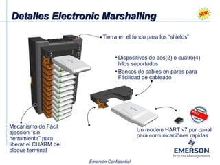 Detalles Electronic Marshalling Mecanismo de Fácil ejección “sin herramienta” para liberar el CHARM del bloque terminal Dispositivos de dos(2) o cuatro(4) hilos soportados Bancos de cables en pares para Fácilidad de cableado Un modem HART v7 por canal para comunicaciónes rapidas Tierra en el fondo para los “shields” 