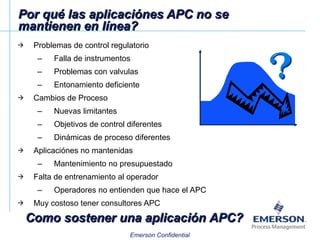 Por qué las aplicaciónes APC no se mantienen en línea? Problemas de control regulatorio Falla de instrumentos Problemas con valvulas Entonamiento deficiente Cambios de Proceso Nuevas limitantes Objetivos de control diferentes Dinámicas de proceso diferentes Aplicaciónes no mantenidas Mantenimiento no presupuestado Falta de entrenamiento al operador Operadores no entienden que hace el APC Muy costoso tener consultores APC Como sostener una aplicación APC? 