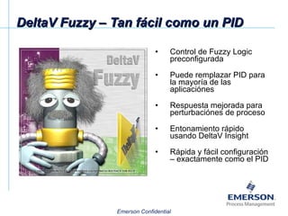 DeltaV Fuzzy – Tan fácil como un PID Control de Fuzzy Logic preconfigurada Puede remplazar PID para la mayoría de las aplicaciónes Respuesta mejorada para perturbaciónes de proceso Entonamiento rápido usando DeltaV Insight Rápida y fácil configuración – exactamente como el PID 
