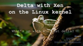 Delta with Xen 
on the Linux kernel 
What’s up with all that delta? 
@mcgrof 
mcgrof@suse.com 
Luis R. Rodriguez 
http://www.do-not-panic.com 
Slides: CC BY-SA Luis R. Rodriguez | Image: CC BY-SA Torkild Retvedt 
 