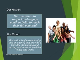 Our Mission:
Our Vision:
Our vision is of a community
and an agency that provide a
friendly, stimulating and
caring environment in which
to live and work.
Our mission is to
support and engage
youth in Delta to reach
their full potential
Delta Youth Support Link Society 2014
 