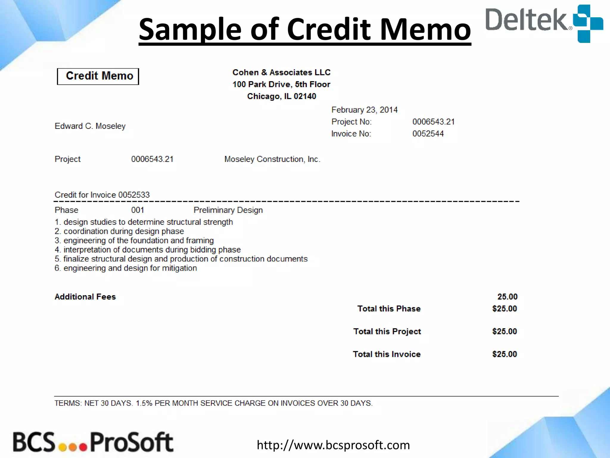 http://www.bcsprosoft.com
Sample of Credit Memo
 