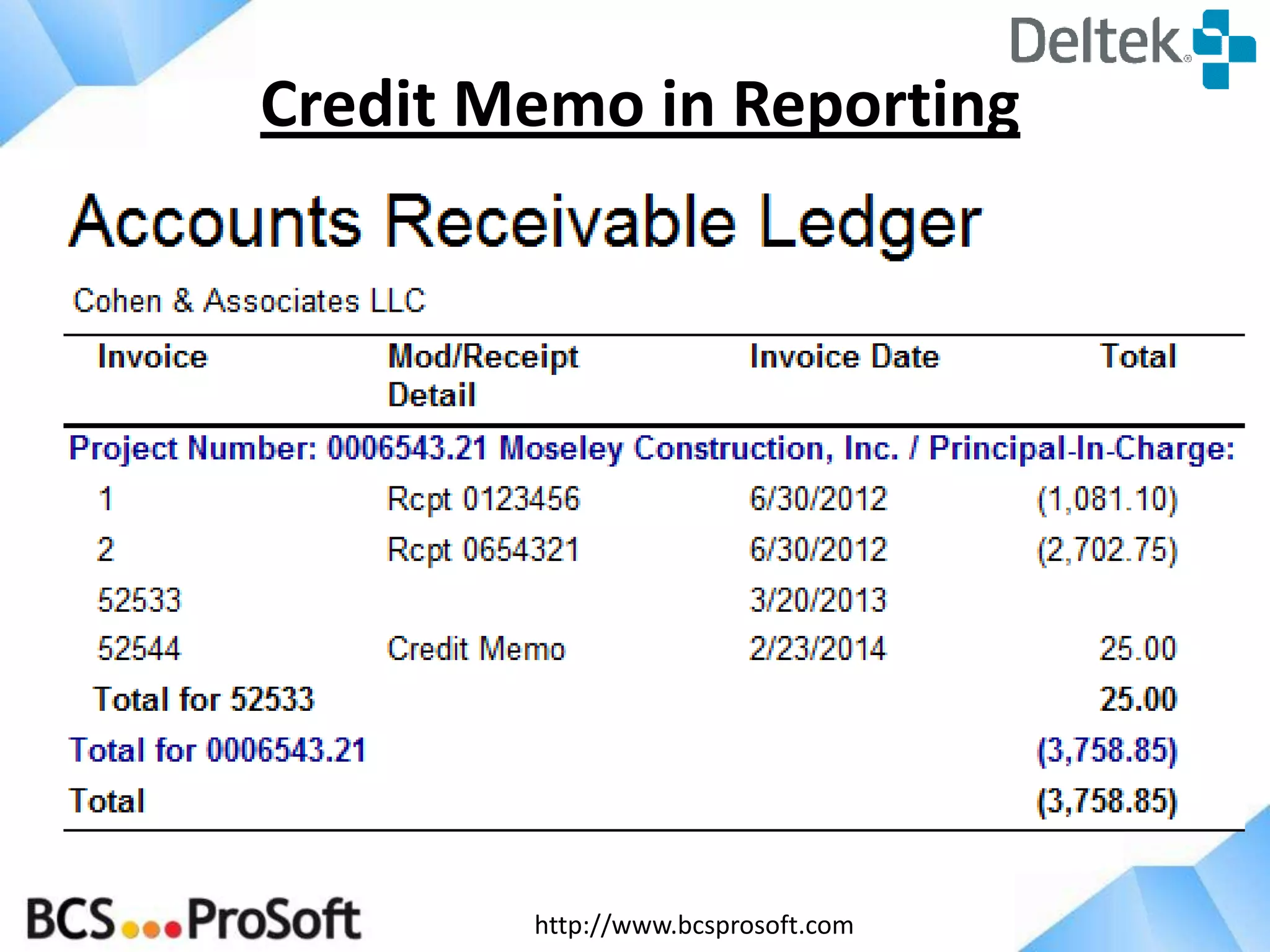 http://www.bcsprosoft.com
Credit Memo in Reporting
 