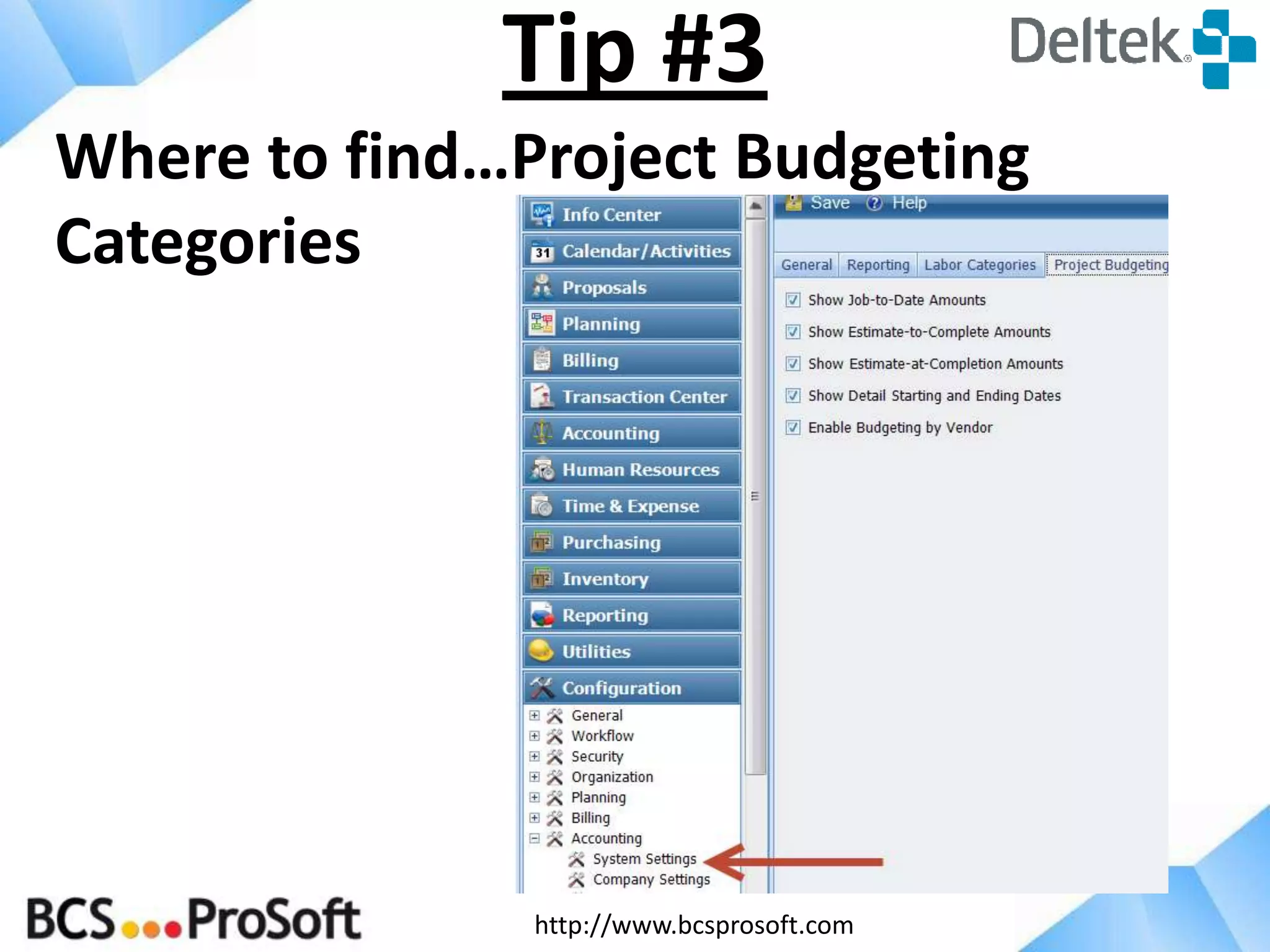 http://www.bcsprosoft.com
Where to find…Project Budgeting
Categories
Tip #3
 