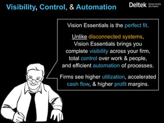 Visibility, Control, & Automation

                   Vision Essentials is the perfect fit.

                    Unlike disconnected systems,
                     Vision Essentials brings you
                 complete visibility across your firm,
                  total control over work & people,
                and efficient automation of processes.

                Firms see higher utilization, accelerated
                   cash flow, & higher profit margins.
 