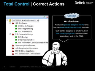 Total Control | Correct Actions

                                                                                      Consider

                                                                                 Work Breakdown
                                                                    A solution specially designed for PS firms
                                                                   has the work breakdown structure you need.
                                                                       Staff can be assigned to any level, their
                                                                       time correctly captured, and then billed
                                                                             against any task in the WBS.




18   1/28/2013   CONFIDENTIAL ©2013 Deltek, Inc. All Rights Reserved
 
