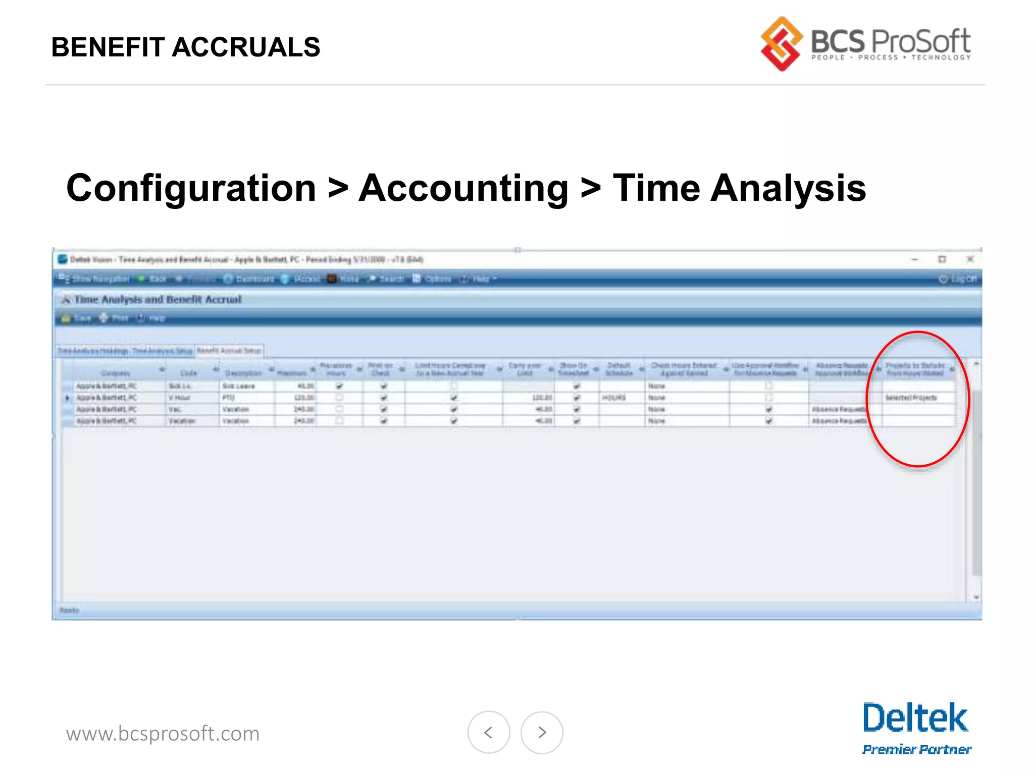 www.bcsprosoft.com
BENEFIT ACCRUALS
Configuration > Accounting > Time Analysis
 