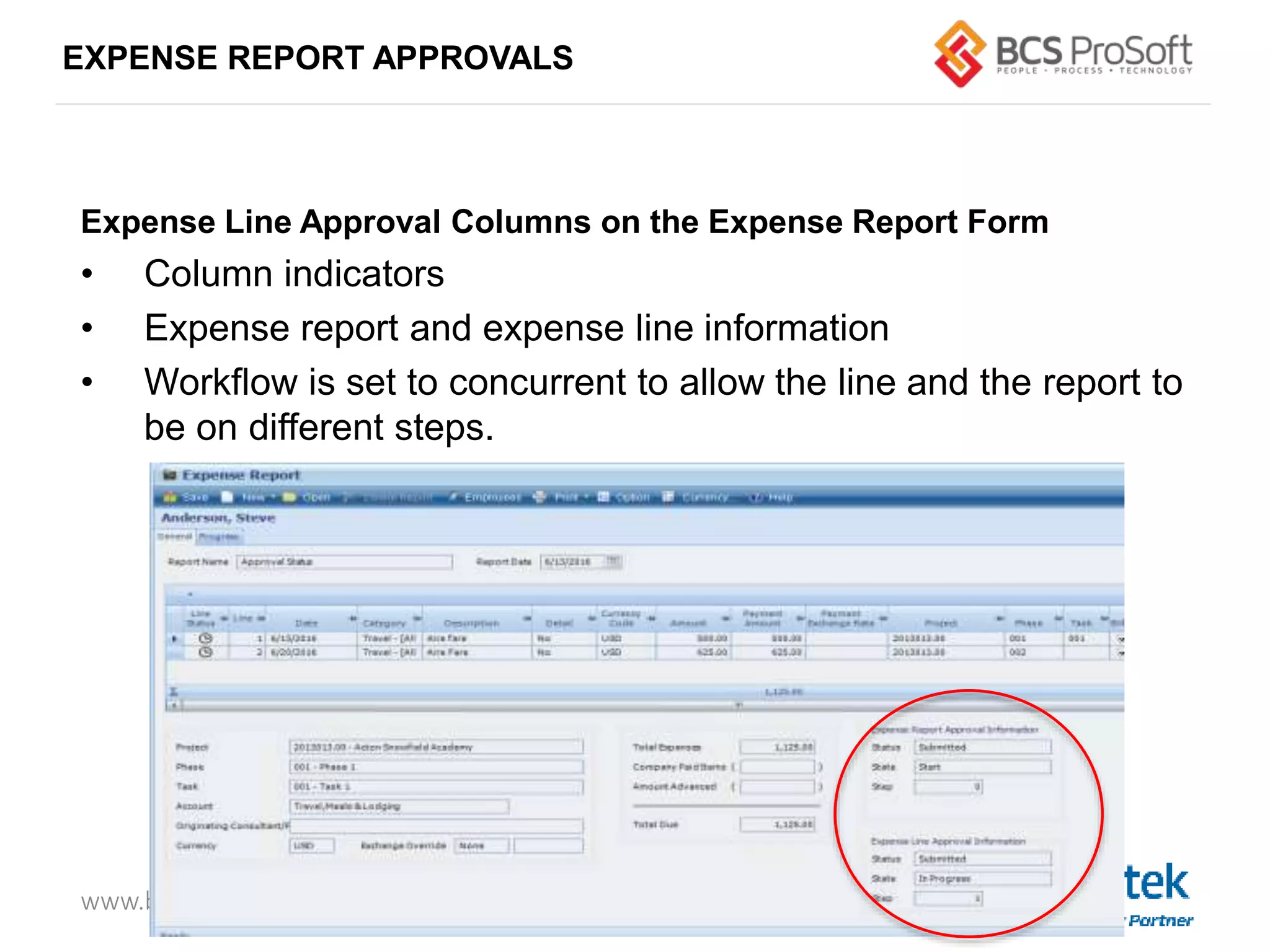 www.bcsprosoft.com
EXPENSE REPORT APPROVALS
Expense Line Approval Columns on the Expense Report Form
• Column indicators
• Expense report and expense line information
• Workflow is set to concurrent to allow the line and the report to
be on different steps.
 