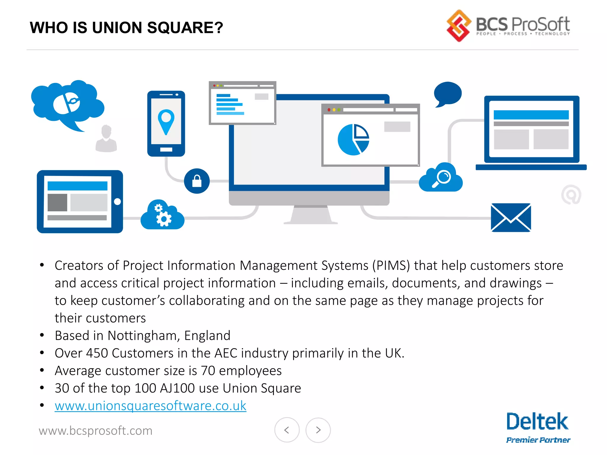 www.bcsprosoft.com
WHO IS UNION SQUARE?
• Creators of Project Information Management Systems (PIMS) that help customers store
and access critical project information – including emails, documents, and drawings –
to keep customer’s collaborating and on the same page as they manage projects for
their customers
• Based in Nottingham, England
• Over 450 Customers in the AEC industry primarily in the UK.
• Average customer size is 70 employees
• 30 of the top 100 AJ100 use Union Square
• www.unionsquaresoftware.co.uk
 