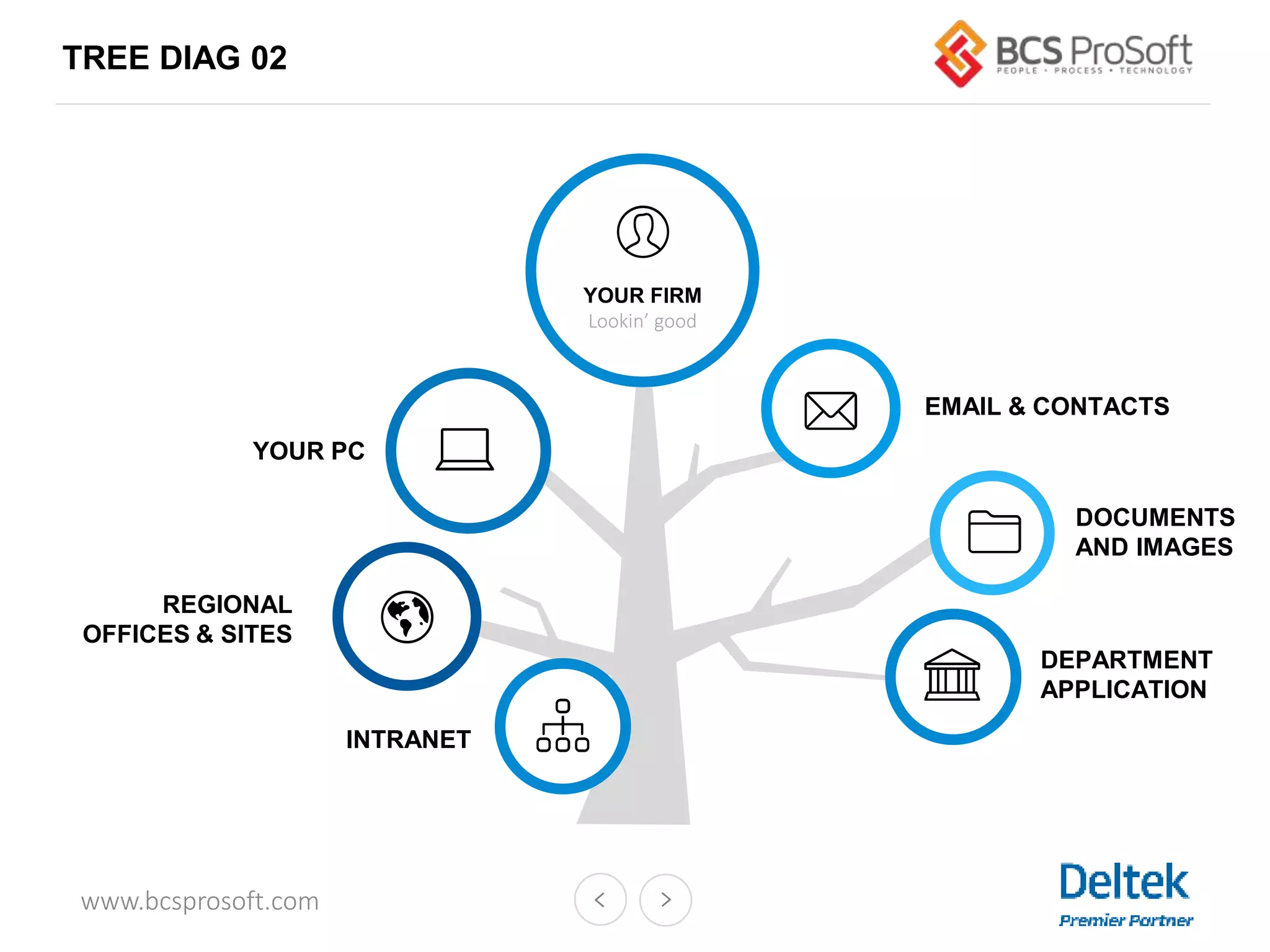 www.bcsprosoft.com
TREE DIAG 02
EMAIL & CONTACTS
DOCUMENTS
AND IMAGES
REGIONAL
OFFICES & SITES
YOUR PC
YOUR FIRM
Lookin’ good
DEPARTMENT
APPLICATION
INTRANET
 