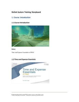 PublishedbyArticulate®Storyline www.articulate.com
Deltek System Training Storyboard
1. Course Introduction
1.1 Course Introduction
Notes:
Time and Expense Essentials in iTRAC
1.2 Time and Expense Essentials
 