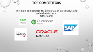 TOP COMPETITORS
The main competitors for deltek vision are infocus and
archadministrator.
Others are:
 