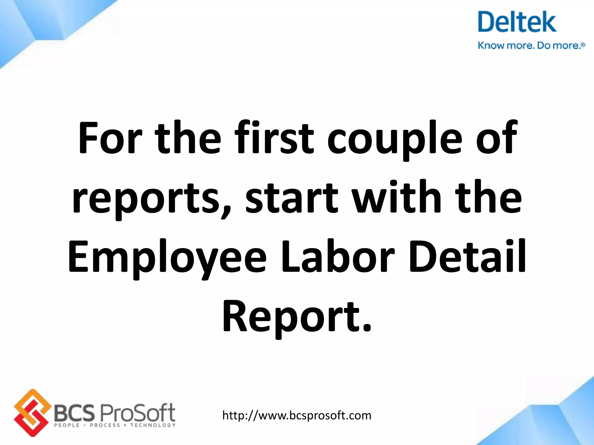 http://www.bcsprosoft.com
For the first couple of
reports, start with the
Employee Labor Detail
Report.
 