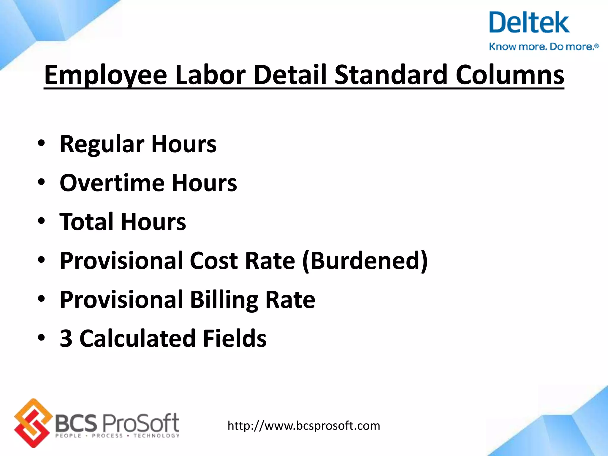 http://www.bcsprosoft.com
• Regular Hours
• Overtime Hours
• Total Hours
• Provisional Cost Rate (Burdened)
• Provisional Billing Rate
• 3 Calculated Fields
Employee Labor Detail Standard Columns
 