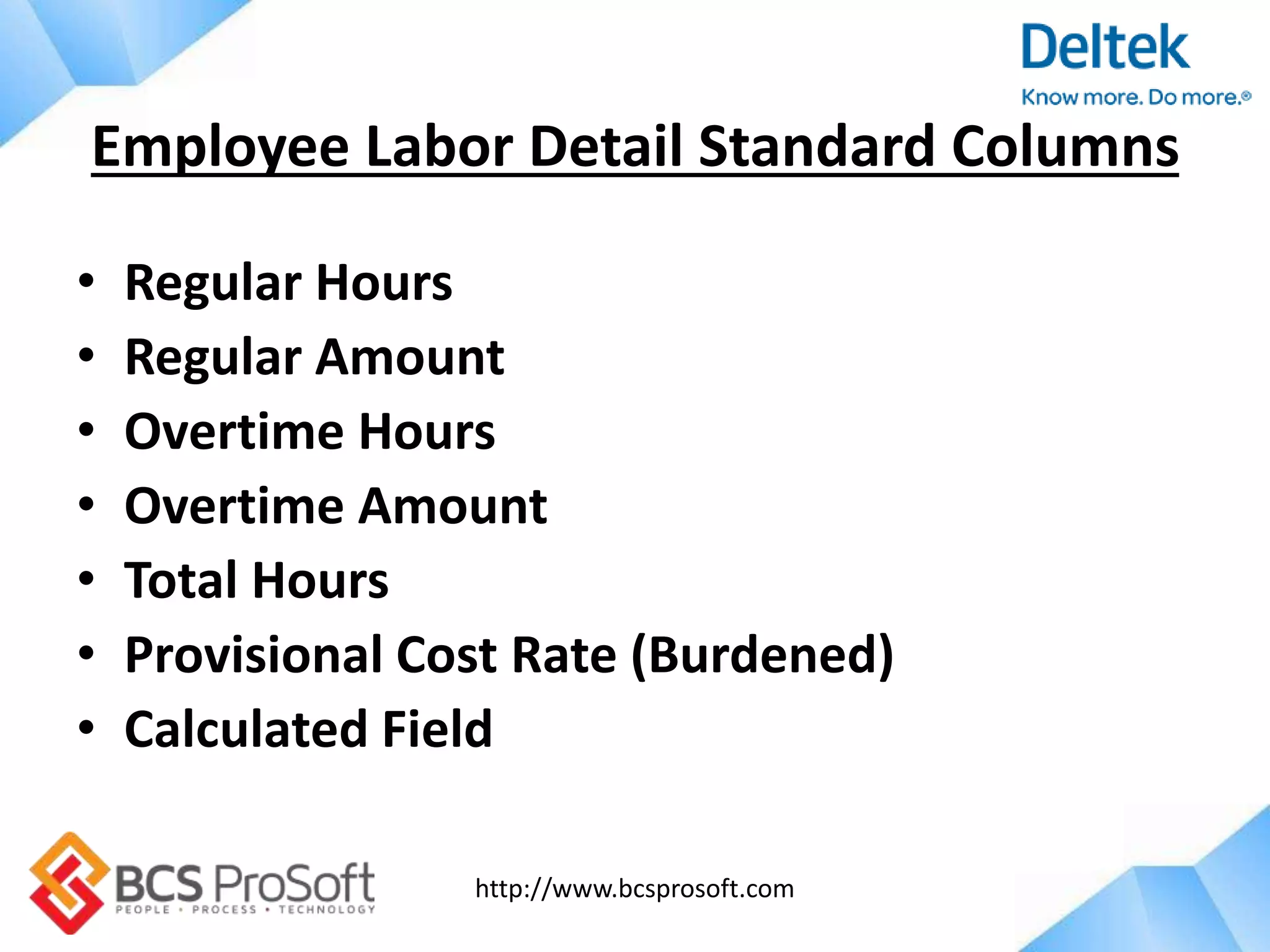 http://www.bcsprosoft.com
• Regular Hours
• Regular Amount
• Overtime Hours
• Overtime Amount
• Total Hours
• Provisional Cost Rate (Burdened)
• Calculated Field
Employee Labor Detail Standard Columns
 