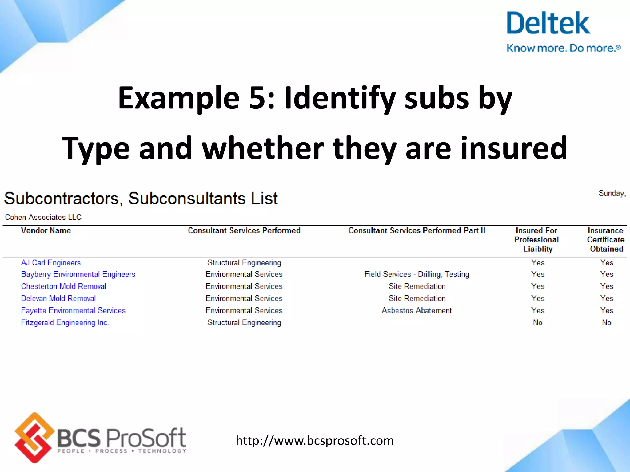 http://www.bcsprosoft.com
Example 5: Identify subs by
Type and whether they are insured
 