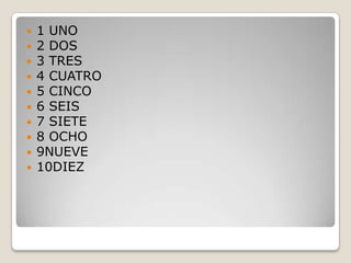 1 UNO 2 DOS3 TRES4 CUATRO5 CINCO6 SEIS7 SIETE8 OCHO9NUEVE10DIEZ