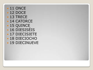 11 ONCE12 DOCE13 TRECE14 CATORCE15 QUINCE16 DIESISÉIS17 DIECISIETE18 DIECIOCHO19 DIECINUEVE