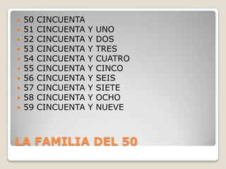 LA FAMILIA DEL 5050 CINCUENTA51 CINCUENTA Y UNO52 CINCUENTA Y DOS53 CINCUENTA Y TRES54 CINCUENTA Y CUATRO55 CINCUENTA Y CINCO56 CINCUENTA Y SEIS57 CINCUENTA Y SIETE58 CINCUENTA Y OCHO59 CINCUENTA Y NUEVE