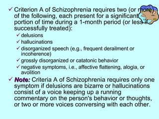 Criterion A of Schizophrenia requires two (or more) of the following, each present for a significant portion of time during a 1-month period (or less if successfully treated):  delusions  hallucinations  disorganized speech (e.g., frequent derailment or incoherence)  grossly disorganized or catatonic behavior  negative symptoms, i.e., affective flattening, alogia, or avolition  Note:  Criteria A of Schizophrenia requires only one symptom if delusions are bizarre or hallucinations consist of a voice keeping up a running commentary on the person's behavior or thoughts, or two or more voices conversing with each other. 