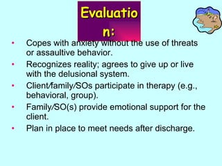 Evaluation: Copes with anxiety without the use of threats or assaultive behavior. Recognizes reality; agrees to give up or live with the delusional system. Client / family / SOs participate in therapy (e.g., behavioral, group). Family / SO(s) provide emotional support for the client. Plan in place to meet needs after discharge. 