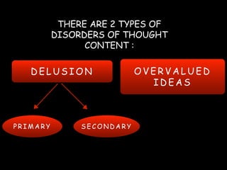 THERE ARE 2 TYPES OF
DISORDERS OF THOUGHT
CONTENT :
D E L U S I O N O V E R V A L U E D
I D E A S
P R I M A R Y S E C O N D A R Y
 
