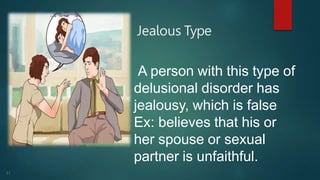 Jealous Type
A person with this type of
delusional disorder has
jealousy, which is false
Ex: believes that his or
her spouse or sexual
partner is unfaithful.
11
 