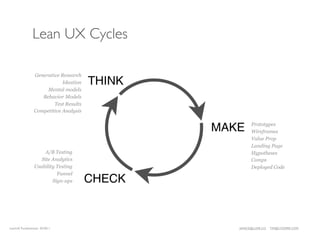 Lean UX Cycles

                Generative Research
                            Ideation   THINK
                     Mental models
                   Behavior Models
                        Test Results
                Competitive Analysis


                                               MAKE     Prototypes
                                                        Wireframes
                                                        Value Prop
                                                        Landing Page
                     A/B Testing                        Hypotheses
                   Site Analytics                       Comps
                Usability Testing                       Deployed Code
                          Funnel
                        Sign-ups       CHECK


LeanUX Fundamentals 02/2011                       JANICE@LUXR.CO   TIM@COOPER.COM
 