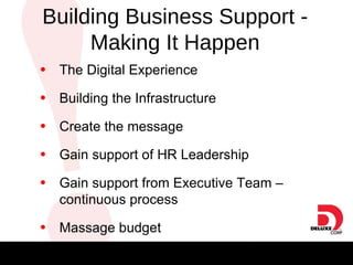 The Digital Experience Building the Infrastructure Create the message Gain support of HR Leadership Gain support from Executive Team – continuous process Massage budget   Building Business Support - Making It Happen 