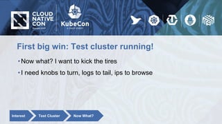 First big win: Test cluster running!
•Now what? I want to kick the tires
•I need knobs to turn, logs to tail, ips to browse
Interest Test Cluster Now What?
 