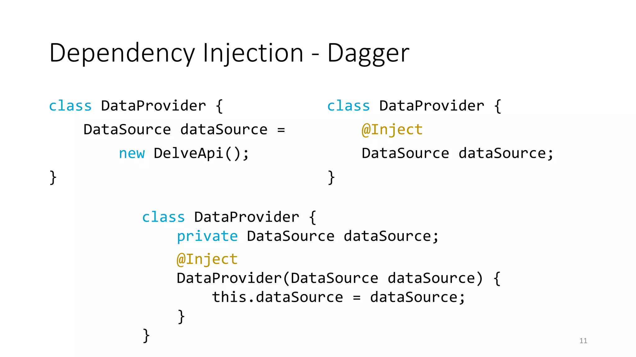 Dependency Injection - Dagger
class DataProvider {
DataSource dataSource =
new DelveApi();
}
class DataProvider {
@Inject
DataSource dataSource;
}
11
class DataProvider {
private DataSource dataSource;
@Inject
DataProvider(DataSource dataSource) {
this.dataSource = dataSource;
}
}
 