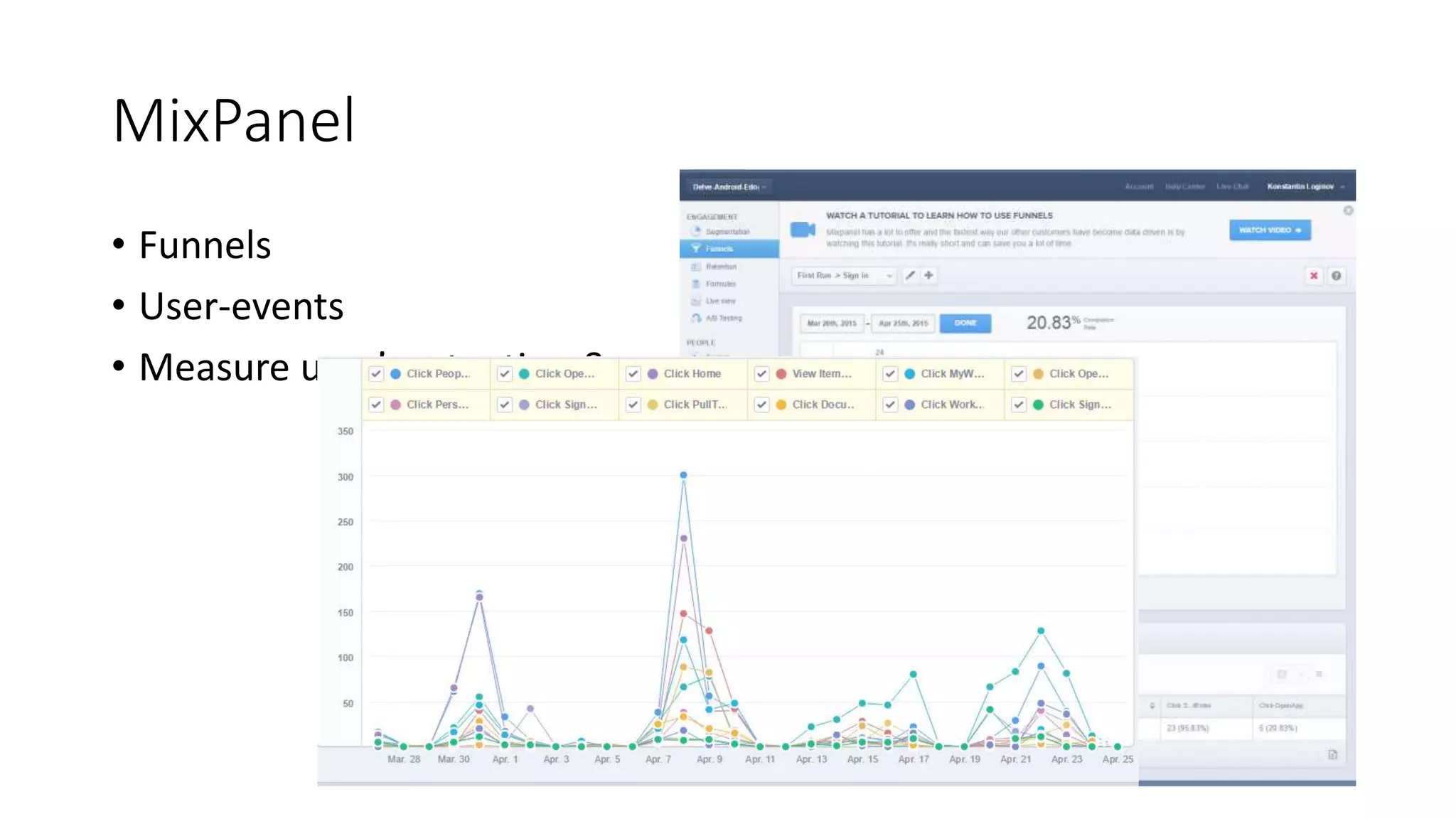 MixPanel
• Funnels
• User-events
• Measure user’s retention & engagement
 