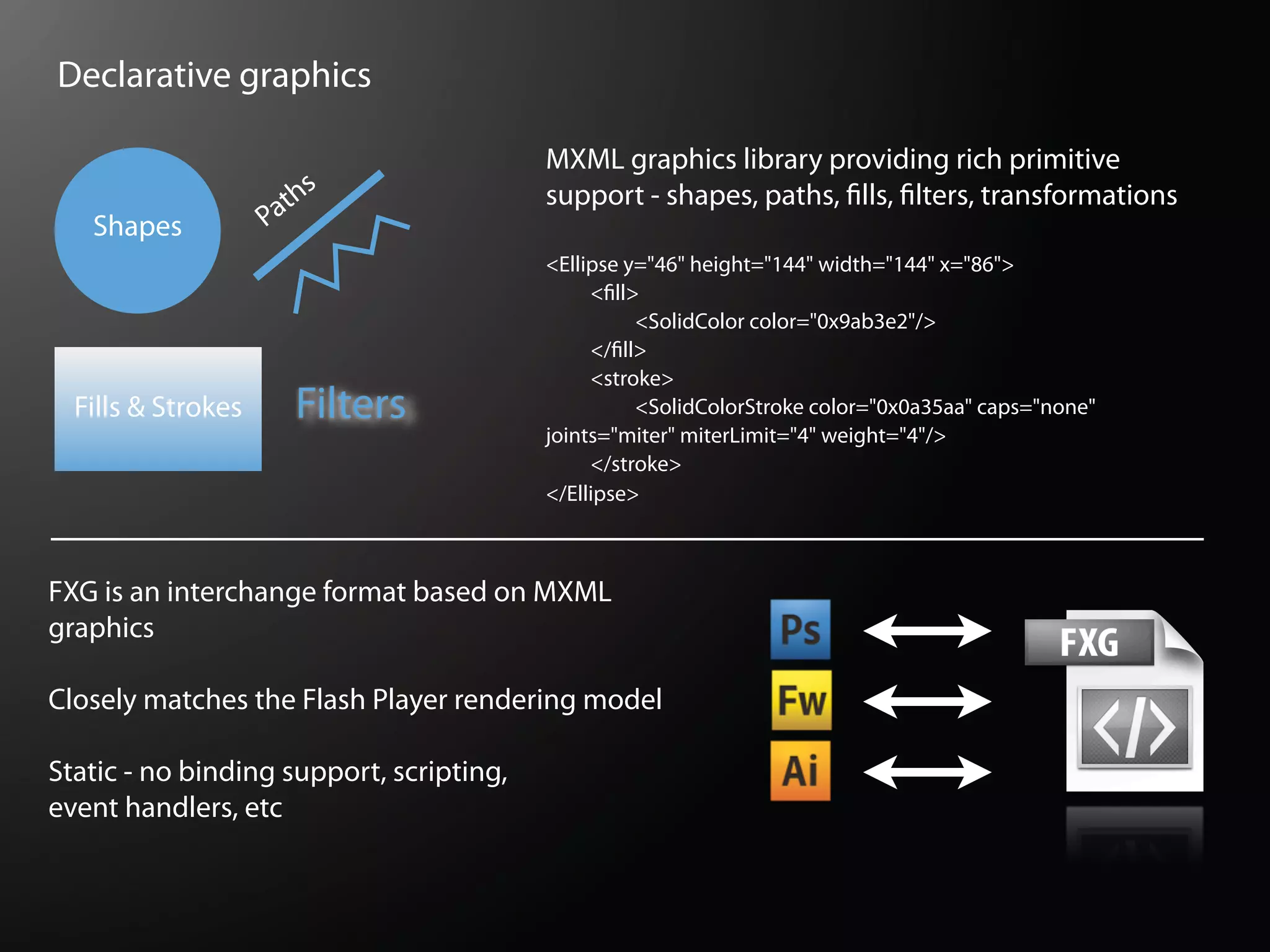 Declarative graphics

                                          MXML graphics library providing rich primitive
                      t hs                support - shapes, paths, lls, lters, transformations
   Shapes           Pa
                                          <Ellipse y="46" height="144" width="144" x="86">
                                               < ll>
                                                    <SolidColor color="0x9ab3e2"/>
                                               </ ll>
                                               <stroke>
  Fills & Strokes      Filters                      <SolidColorStroke color="0x0a35aa" caps="none"
                                          joints="miter" miterLimit="4" weight="4"/>
                                               </stroke>
                                          </Ellipse>



FXG is an interchange format based on MXML
graphics

Closely matches the Flash Player rendering model

Static - no binding support, scripting,
event handlers, etc
 