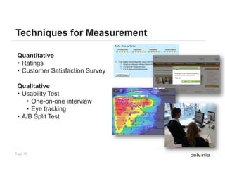 Techniques for Measurement

 Quantitative
 • Ratings
 • Customer Satisfaction Survey

 Qualitative
 • Usability Test
    • One-on-one interview
    • Eye tracking
 • A/B Split Test
        p




Page 10
 