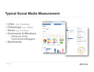 Typical Social Media Measurement


•   Likes (e.g. Facebook)
•   Followings (e.g. Twitter)
•   Views (e.g. YouTube)
          ( g          )
•   Comments & Mentions
     • Influence of the
       Commenters/Bloggers
• Sentiments




Page 18
 