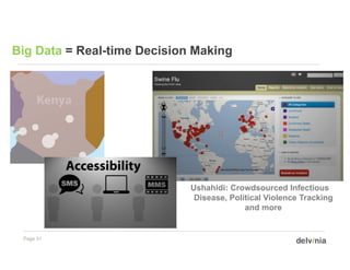 Big Data = Real-time Decision Making




                             Ushahidi: Crowdsourced I f ti
                             U h hidi C      d        d Infectious
                              Disease, Political Violence Tracking
                                           and more


 Page 31
 