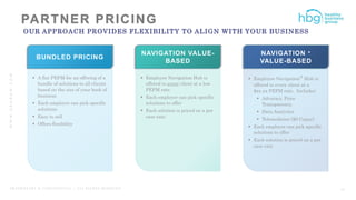 WWW.HBGNOW.COM
P R O P R I E T A R Y & C O N F I D E N T I A L | A L L R I G H T S R E S E R V E D 19
OUR APPROACH PROVIDES FLEXIBILITY TO ALIGN WITH YOUR BUSINESS
BUNDLED PRICING
 A flat PEPM for an offering of a
bundle of solutions to all clients
based on the size of your book of
business
 Each employer can pick specific
solutions
 Easy to sell
 Offers flexibility
NAVIGATION VALUE-
BASED
 Employee Navigation Hub is
offered to every client at a low
PEPM rate.
 Each employer can pick specific
solutions to offer
 Each solution is priced on a per
case rate.
NAVIGATION +
VALUE-BASED
 Employee Navigation+ Hub is
offered to every client at a
$xx.xx PEPM rate. Includes:
 Advocacy, Price
Transparency,
 Data Analytics
 Telemedicine ($0 Copay)
 Each employer can pick specific
solutions to offer
 Each solution is priced on a per
case rate
 