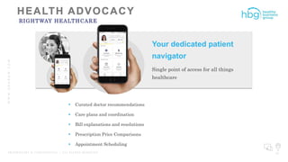 WWW.HBGNOW.COM
P R O P R I E T A R Y & C O N F I D E N T I A L | A L L R I G H T S R E S E R V E D 35
RIGHTWAY HEALTHCARE
 Curated doctor recommendations
 Care plans and coordination
 Bill explanations and resolutions
 Prescription Price Comparisons
 Appointment Scheduling
Your dedicated patient
navigator
Single point of access for all things
healthcare
 