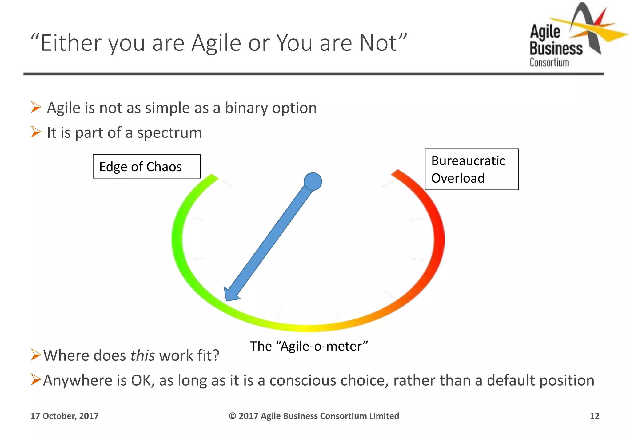  Agile is not as simple as a binary option
 It is part of a spectrum
Where does this work fit?
Anywhere is OK, as long as it is a conscious choice, rather than a default position
17 October, 2017 © 2017 Agile Business Consortium Limited 12
“Either you are Agile or You are Not”
Edge of Chaos Bureaucratic
Overload
The “Agile-o-meter”
 