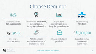 16
16
Choose Deminor
An unparalleled
83% success rate
25+ years
of experience
Founded on excellence,
independence,
integrity and results
Able to attract
co-funders in case of
exceptional risks
Capacity to
support complex,
long, large-scale cases
Diversified claims
portfolio
Supported by
KBC Bank
Expected 80 mio
in revenues
over 5 years
83%
25+ years
XXL
€ 80,000,000
LITIGATION FUNDING AND SUPPORT
 