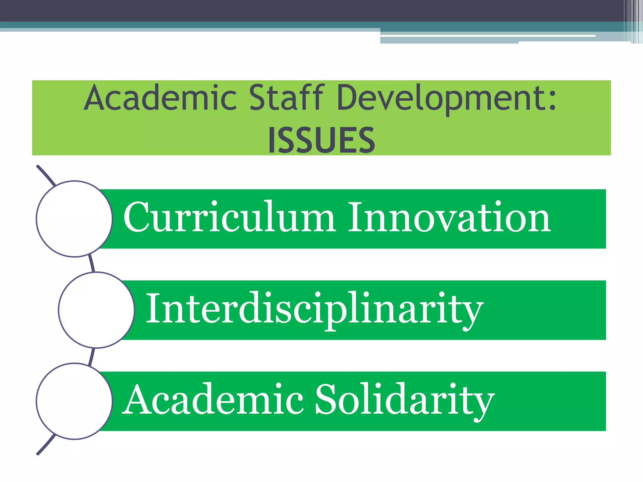 Academic Staff Development:
ISSUES
Curriculum Innovation
Interdisciplinarity
Academic Solidarity
 