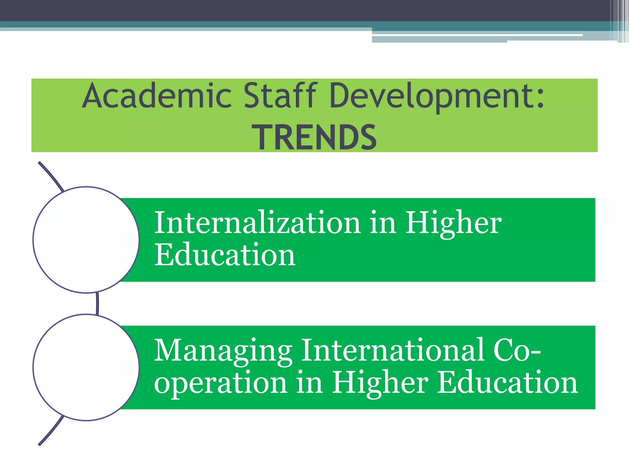 Academic Staff Development:
TRENDS
Internalization in Higher
Education
Managing International Co-
operation in Higher Education
 