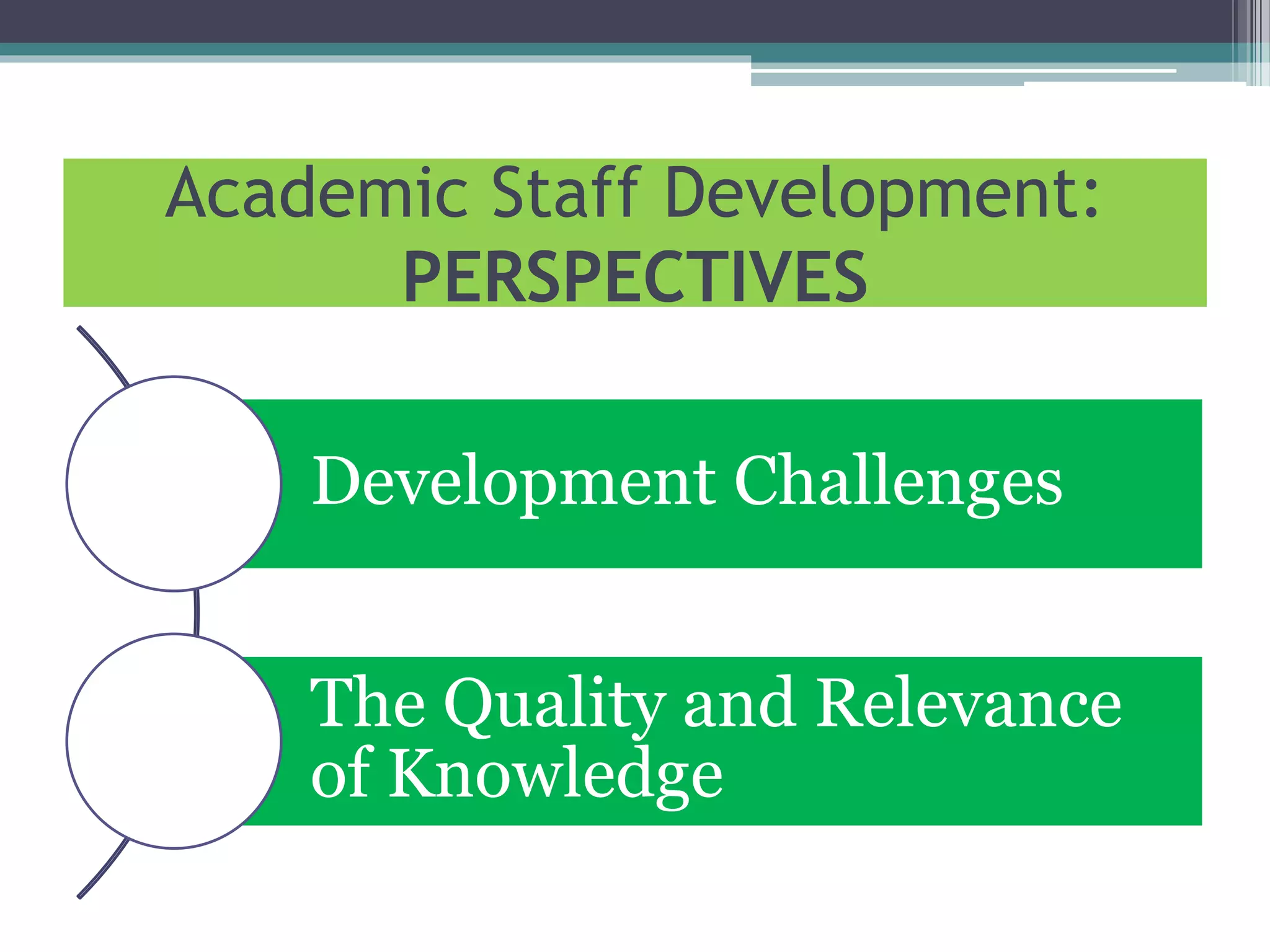 Academic Staff Development:
PERSPECTIVES
Development Challenges
The Quality and Relevance
of Knowledge
 