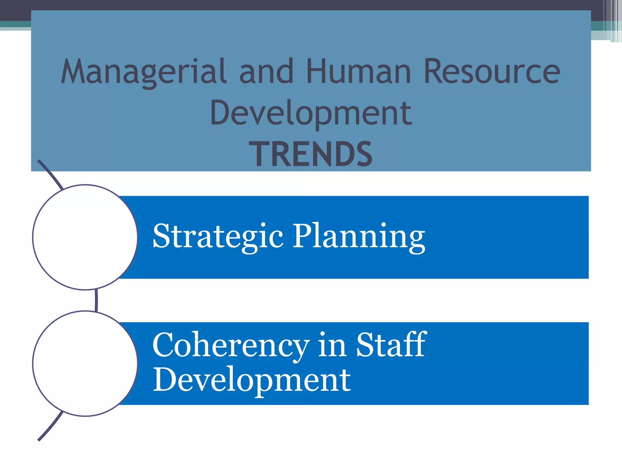 Managerial and Human Resource
Development
TRENDS
Strategic Planning
Coherency in Staff
Development
 
