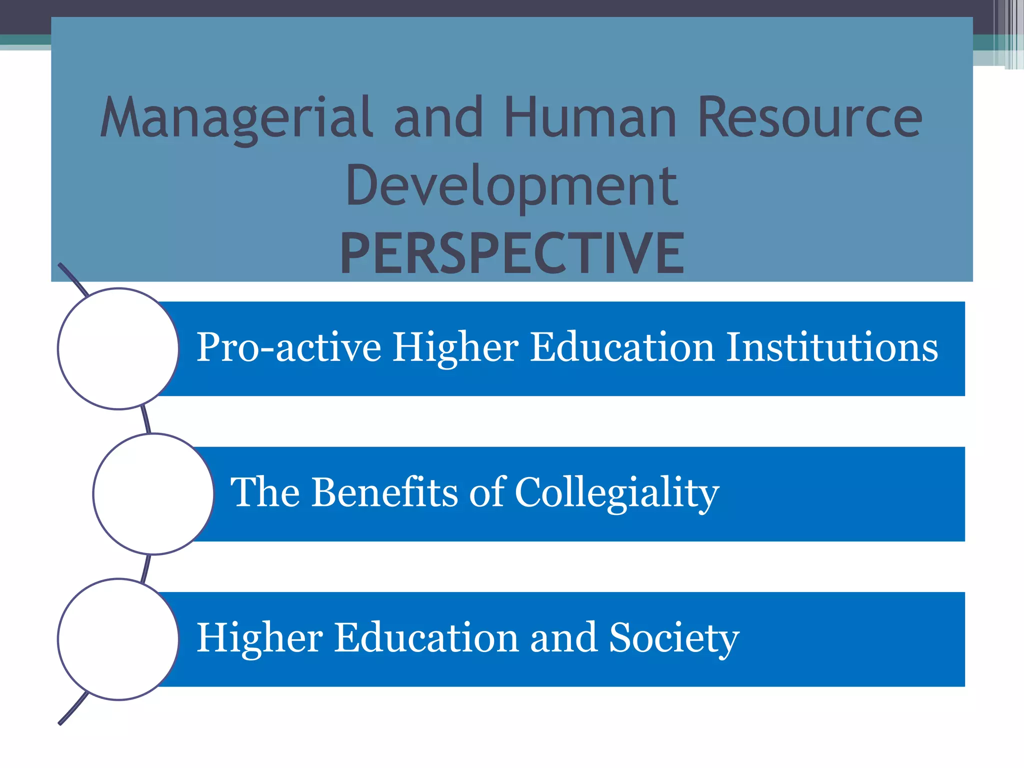 Managerial and Human Resource
Development
PERSPECTIVE
Pro-active Higher Education Institutions
The Benefits of Collegiality
Higher Education and Society
 