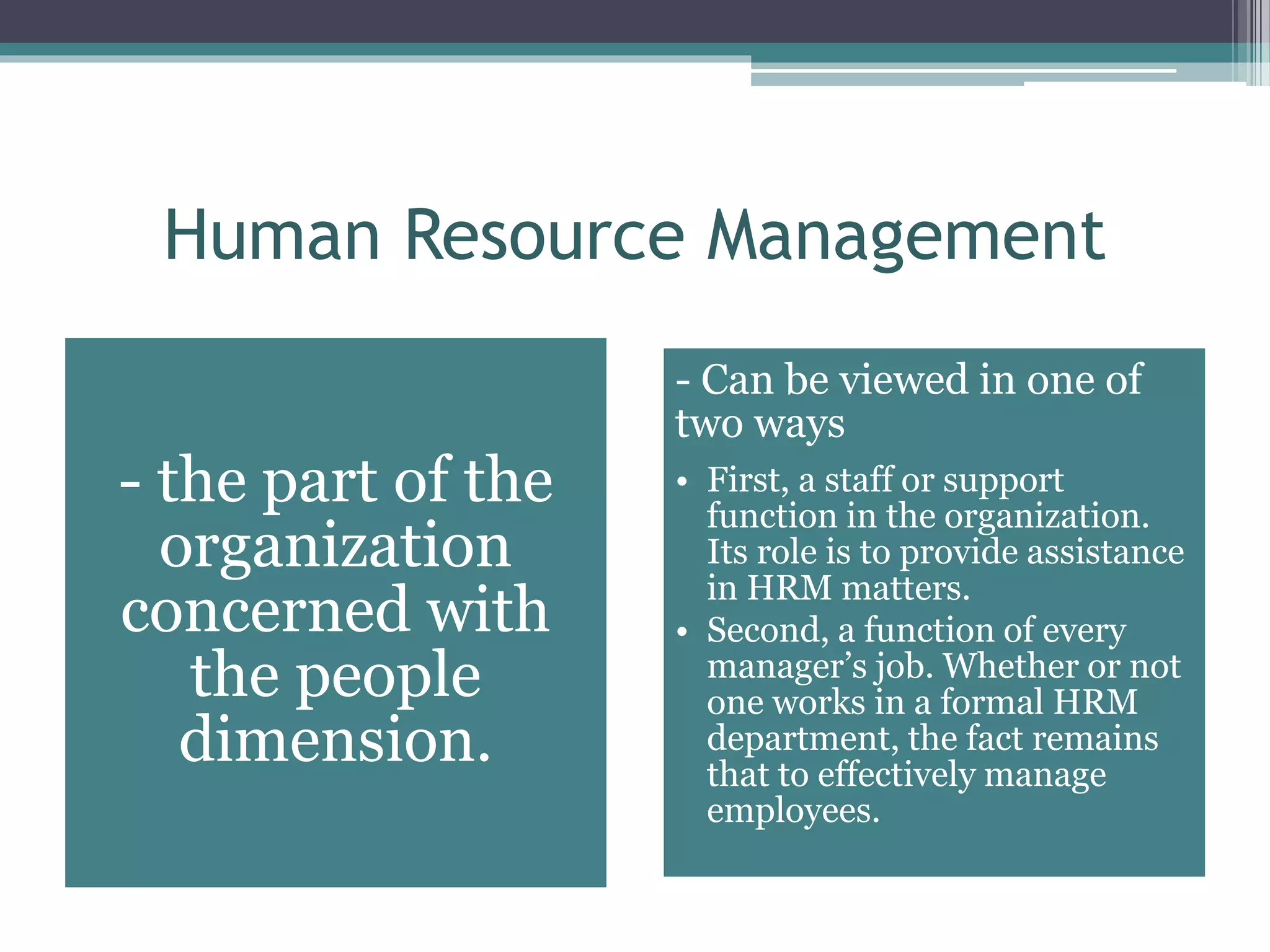 Human Resource Management
- the part of the
organization
concerned with
the people
dimension.
- Can be viewed in one of
two ways
• First, a staff or support
function in the organization.
Its role is to provide assistance
in HRM matters.
• Second, a function of every
manager’s job. Whether or not
one works in a formal HRM
department, the fact remains
that to effectively manage
employees.
 