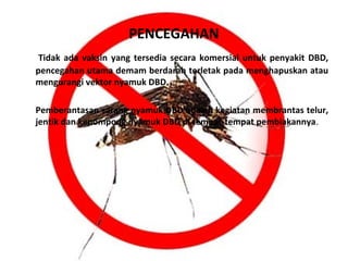 PENCEGAHAN
Tidak ada vaksin yang tersedia secara komersial untuk penyakit DBD,
pencegahan utama demam berdarah terletak pada menghapuskan atau
mengurangi vektor nyamuk DBD.
Pemberantasan sarang nyamuk DBD adalah kegiatan membrantas telur,
jentik dan kepompong nyamuk DBD di tempat-tempat pembiakannya.

 