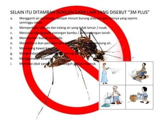 SELAIN ITU DITAMBAH DENGAN CARA LAIN YANG DISEBUT “3M PLUS”
a.
b.
c.
d.
e.
f.
g.
h.
i.

Mengganti air vas bunga, tempat minum burung atau tempat lainnya yang sejenis
seminggu sekali.
Memperbaiki saluran dan talang air yang tidak lancar / rusak.
Menutup lubang pada potongan bambu / pohon dengan tanah.
Menaburkan bubuk Larvasida.
Memelihara ikan pemakan jentik di kolam / bak penampung air.
Memasang kawat kasa.
Menghindari kebiasaan menggantung pakaian dalam kamar.
Menggunakan kelambu.
Memakai obat yang dapat mencegah gigitan nyamuk.

 