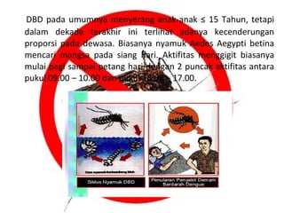 DBD pada umumnya menyerang anak-anak ≤ 15 Tahun, tetapi
dalam dekade terakhir ini terlihat adanya kecenderungan
proporsi pada dewasa. Biasanya nyamuk Aedes Aegypti betina
mencari mangsa pada siang hari. Aktifitas menggigit biasanya
mulai pagi sampai petang hari dengan 2 puncak aktifitas antara
pukul 09.00 – 10.00 dan pukul 16.00 – 17.00.

 